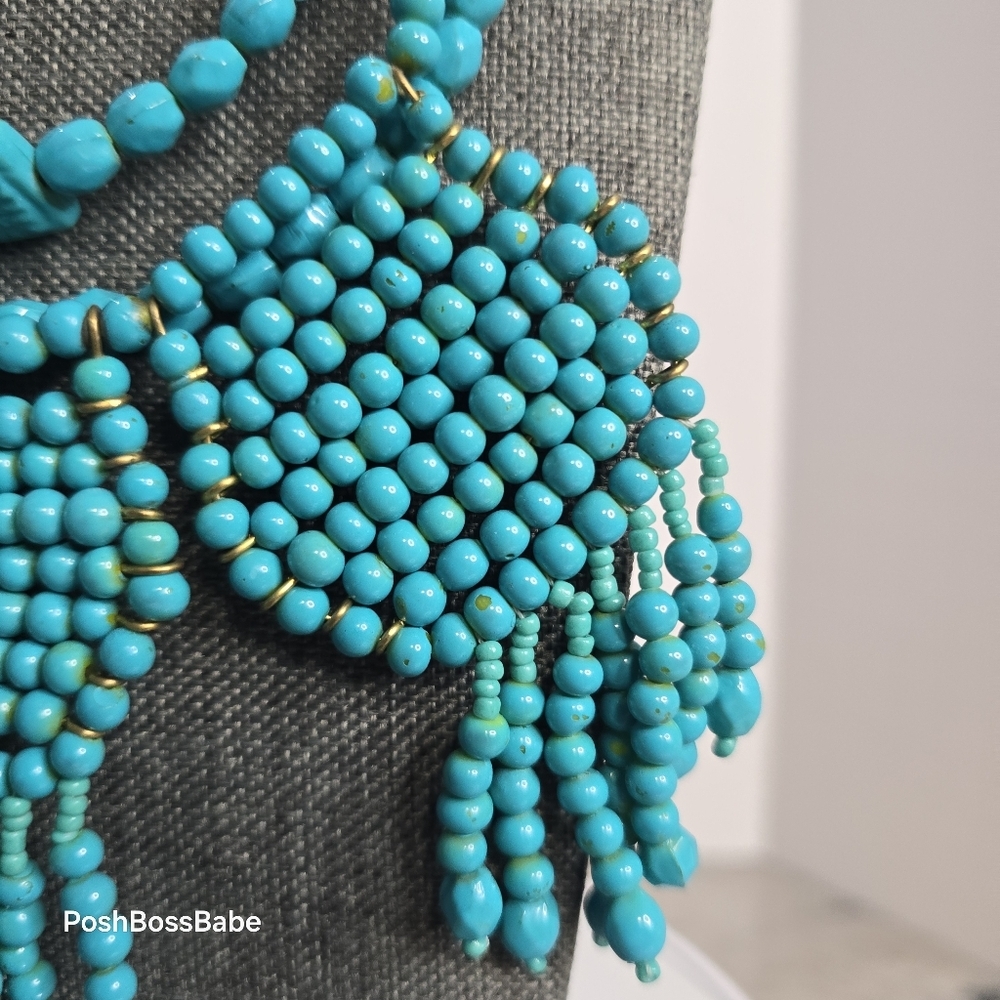 Layered Turquoise Bead Statement Bib Necklace Adj… - image 7